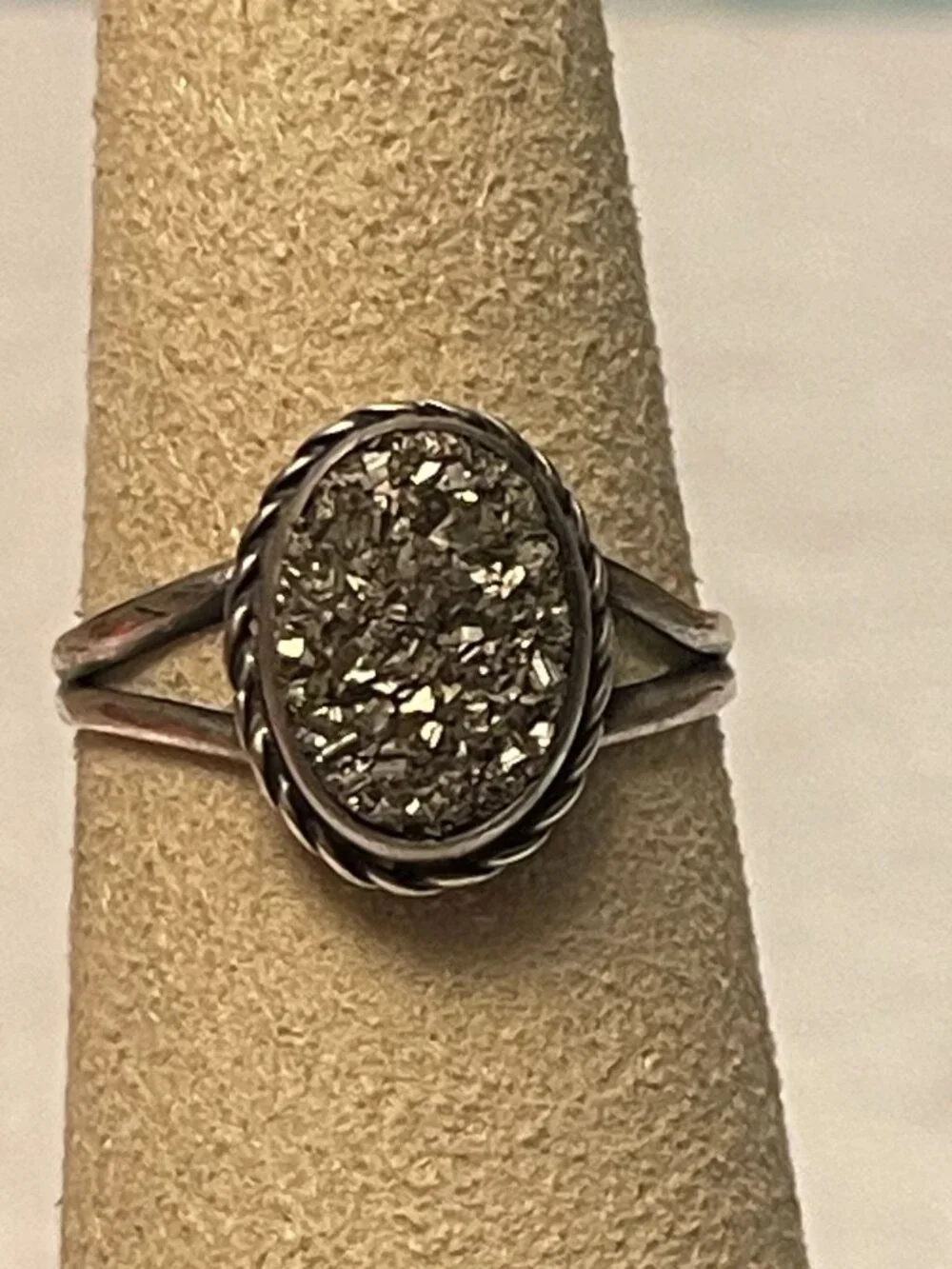 Vtg Druzy Pyrite Oval Ring With Silver Band Minimalist Style